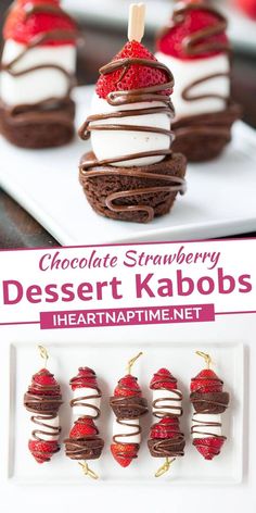 chocolate strawberry dessert kabobs on a white plate with strawberries in the middle