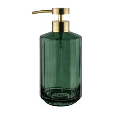 a green glass soap dispenser with a gold metal faucet on the top