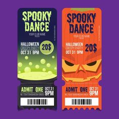 two halloween tickets with the words spooky dance on them and an image of a pumpkin