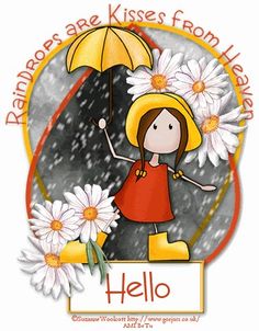 a girl holding an umbrella with daisies in her hand and the words hello written on it