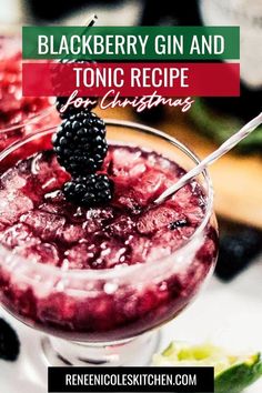 blackberry gin and tonic recipe for christmas with berries on the rim, garnished with blackberries