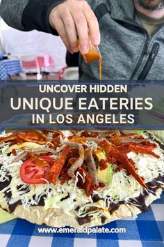 a man is eating an uncooked pizza with cheese and bacon on it, while the text overlay reads undercover unique eateries in los angeles