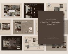 the interior design project proposal template is displayed in several different colors and sizes, including brown