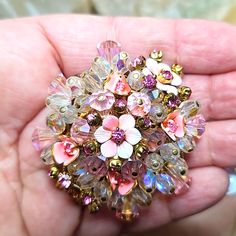 Signed Alice Caviness Pink Flower Brooch With Little Pink Rhinestones I Excellent Condition All Stones Intact 2.25" X 2.25" Pink Crystal Brooch Jewelry, Pink Crystal Jewelry Brooch, Pink Crystal Brooches As Gift, Pink Brooch, Pink Rhinestones, Jewelry Vintage, Flower Brooch, Pink Flower, Pink Flowers