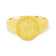 A signet ring is a classic jewelry option that celebrates oneself or one's family heritage. While some signet rings can be engraved with a family crest, our signet rings can be engraved with initials up to three characters but can easily look stunning with just a single initial. The initials can be engraved with computer, laser, or hand engraving which each have their own aesthetic appeals and the font style options are Roman or Script. The combination together that you choose creates a final product that is extremely personalized and custom.
Product Information
Metal: Silver, 14k Gold, 18k Gold or Platinum 950
Face Shape: Round
Face Size: 13x13mm
Approximate Weight - Solid Back (Based on size 10 ring): 
7.6 grams in 14k Gold
6.1 grams in Sterling Silver
9.9 grams in 18k Gold
12.2 grams in Three Characters, Family Heritage, Signet Rings, Classic Jewelry, Font Style, Family Crest, Size 10 Rings, Face Shape, Round Face