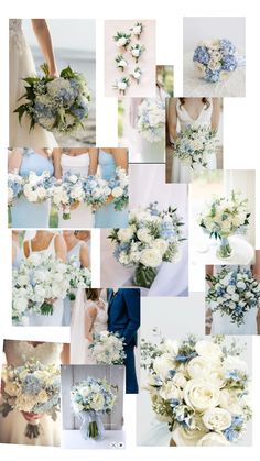 a collage of blue and white wedding bouquets