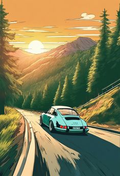 Porsche Driving Down A Mountain Road Illustration I Art Print Mountain Road Illustration, Wqhd Wallpapers, Road Illustration, Shark Clothes, Bleach Painting, Map Sketch, Pixel Art Landscape, Countryside Paintings, Airplane Wallpaper