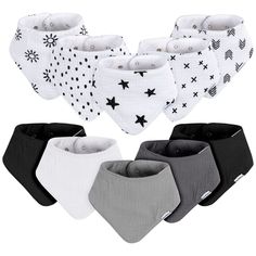 Keep your baby's clothes cute and clean with these stylish bandana baby bibs. This set includes ten bibs suitable for both baby boys and girls in black, white, and grey, with a mixture of solids and patterns to match any outfit. The snap design makes them easy to put on and holds them securely. Made from 100% soft cotton, they're durable, easy to clean, and perfect for both home and on-the-go use. We use STANDARD 100 by OEKO-TEX® certification on products tested in an independent laboratory against a list of more than 400 harmful substances, including PFAS. Aesthetic Galaxy, Baby Boy Bibs, Baby Size Chart, Boy Bib, Bandana Bibs, Baby Bandana Bibs, Bandana Styles, Bandana Baby, Gerber Baby