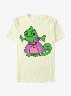 a white t - shirt with an image of a green lizard wearing a pink dress