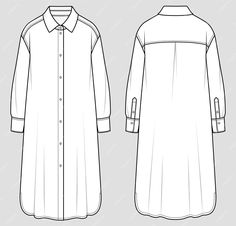 Shirt Dress Sketch, Kurta Flat Sketch, Shirt Dress Flat Sketch, Dress Flat Sketch, Technical Flats, High Low Shirt Dress, Placket Design, Stand Collar Shirt, Cad File