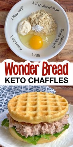 a plate with waffles, eggs and meat on it that says wonder bread keto chaffles