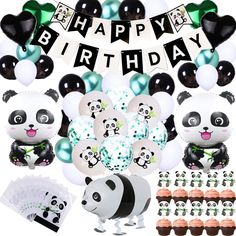 panda bear birthday party supplies including balloons, cupcakes and decorations