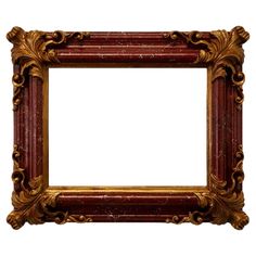 an old red and gold frame on a white background