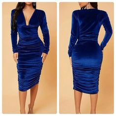 Available Sizes: Xs (2) Small (4) Medium (6) Large (8/10) X-Large (12) Measurements In The Pictures 95% Polyester, 5% Elastane Turn Heads At Your Next Event With This Stunning Blue Bodycon Dress. Crafted From Luxurious Velvet, This Midi-Length Dress Features A Flattering Ruched Design That Accentuates Your Curves. The Elegant V-Neckline And Long Sleeves Add A Touch Of Sophistication, Making It Perfect For Cocktail Parties, Evening Gatherings, Or Any Special Occasion Where You Want To Make A Last Fitted Royal Blue Long Sleeve Midi Dress, Blue Velvet Dress Midi, Blue Ruched V-neck Bodycon Dress, Blue Fitted Midi Dress With 3/4 Sleeves, Luxury Blue V-neck Midi Dress, Long Sleeve Bodycon Midi Dress, Blue Bodycon Dress, Midi Length Dress, Midi Dress Bodycon