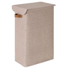 a beige fabric storage box with wooden handles