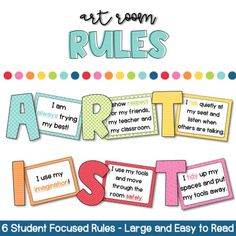 an art room rules poster with words and pictures