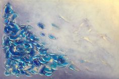 an abstract blue and white painting with water drops on the bottom, in front of a light gray background