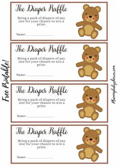 three teddy bear raffle coupons with the words, the diaper raffle