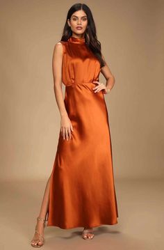 Copper Mother Of The Bride Dress, Burnt Orange Silk Dress, Copper Clothes, Expensive Party, Orange Dress Outfits, Orange Satin Dress, Mock Neck Maxi Dress, Orange Silk Dress, Burnt Orange Bridesmaid Dresses