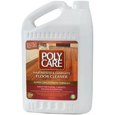 a gallon of hardwood floor cleaner on a white background with the words poly care in it