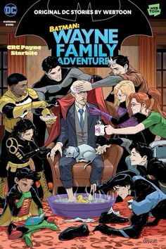 the cover to batman wayne family adventures, with an image of people in costumes around him