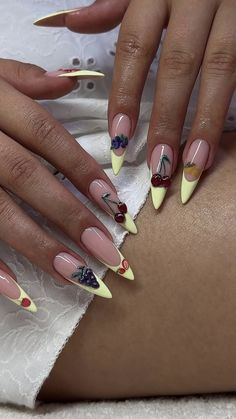 Fruit Nails, Fantasy Nails, Cherry Nails, Stylish Nails Designs, Diy Nail Art, Yellow Nails, Summer Nail, Dope Nails