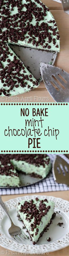 no bake mint chocolate chip pie on a plate