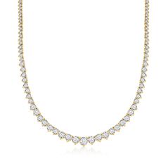 Ross-Simons - 5.00ct t. w. Diamond Graduated Tennis Necklace Over Sterling. 20". It's the timeless tennis necklace with no shortage of sparkle! Polished 18kt yellow gold over sterling silver settings boast 5.00 ct. t. w. round brilliant-cut diamonds that grace the neckline with glimmer and gleam. Make this classic part of your collection in all its sparkling glory. White rhodium where diamonds are set. Graduates from 1/16" to 1/4" wide. Figure 8 safety. Push-button clasp, diamond tennis necklace Tennis Necklace Diamond, Diamond Tennis Necklace, Diamond Birthstone, Diamond Jewelry Necklace, Bezel Set Diamond, Natural Gold, Figure 8, Tennis Necklace, Tennis Bracelet Diamond