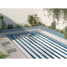 an empty swimming pool with blue and white striped tiles on the bottom, surrounded by cacti