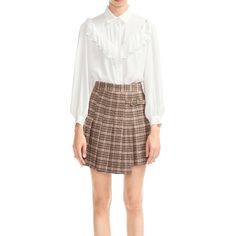 Size: 36(1s) Color: Beige Elegant Ruffled Mini Skirt For Fall, Elegant Houndstooth Mini Skirt, Fall Workwear Ruffled Skirt, Fall Ruffled Skirt For Workwear, Chic Plaid Skirt For Workwear, Preppy Mini Skirt For Fall Workwear, Preppy Fall Mini Skirt For Workwear, Ruffled Skirt Bottoms For Workwear In Fall, Elegant Plaid Mini Skirt For Work