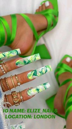 Green Acrylic Nails, Nagellack Trends, Green Nail Designs, Pedicure Designs, Her Nails, Dope Nail Designs, Long Square Acrylic Nails, Birthday Poster, Yellow Nails