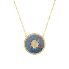 An update on our classic Evil Eye necklace, this handcrafted pendant features a pavé diamond pupil surrounded by a pastel hued opal with a shimmering pavé diamond border. Set in 18-karat yellow gold, the pendant is fixed to a delicate chain. An everyday signature, we love how easily this piece transitions from day to night. Fixed to a 16 inch, 14-karat link chain Pendant measures 0.75" across Spring ring clasp Made with love in Los Angeles Complimentary gift wrapping provided This item is curren Diamond Cabochon Pendant Necklace, Luxury Opal Pendant Necklace, Fine Jewelry Opal Round Necklaces, Luxury Yellow Gold Opal Necklace, Opal Multi-stone Pendant Necklace, Luxury Opal Gemstone Necklaces, Luxury Opal Gemstone Necklace, Delicate Chain, Evil Eye Necklace