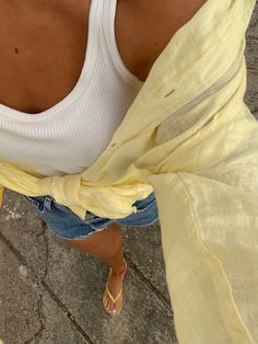 Summer outfit inspo, stockholm style, Mediterranean summer outfits, costal granddaughter aesthetic, denkm shorts, flip flops, aesthetic yellow outfit, linen shirt, copenhagen style, scandi style Flip Flop Aesthetic, Mediterranean Summer Outfits, Flip Flops Aesthetic, Outfit Inspo Stockholm, Linen Shorts Outfit, Yellow Flip Flops