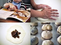 the process of making bread is being performed by an adult and child with their hands on doughnuts