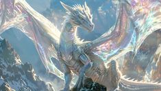 a large white dragon sitting on top of a mountain