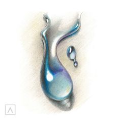 a drawing of a blue and silver liquid drop