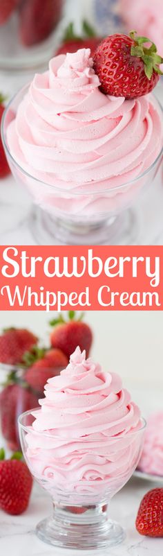 strawberry whipped cream in a glass bowl with strawberries on the side and text overlay