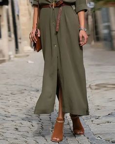 Lasaky - Long Sleeve Button Front Belted Shirt Dress Casual Button-up Maxi Dress With Pockets, Casual Maxi Dress With Buttons For Daywear, Casual Button-up Maxi Dress, Casual Solid Maxi Dress With Button Closure, Casual Maxi Dress With Button Closure For Fall, Casual Collared Maxi Dress With Button Closure, Casual Button-up Maxi Dress With Button Closure, Casual Green Shirt Dress With Buttons, Green Button-up Maxi Dress For Day Out