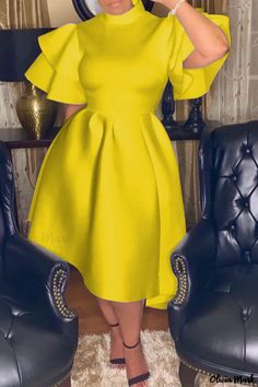 Olivia Mark - Yellow Solid Flounce Half-Turtleneck Casual Dress for Women Cake Skirt, Prom Midi Dress, Afrikaanse Mode, Midi Dress Plus Size, Midi Dress Formal, Plus Size Party Dresses, Yellow Midi Dress, Elegant Prom Dresses, Formal Party Dress