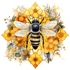 a painting of a bee surrounded by yellow flowers and honeycombs on a white background