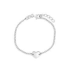 Symbolizing love and individuality, this child's heart charm bracelet holds a special place in their heart. Crafted from hypoallergenic 925 sterling silver, it ensures a gentle touch for sensitive skin. At the center, a single engravable heart charm awaits their initials, adding a personal touch to the bracelet. Measuring 6" in length, with an additional 1" extension, it offers a secure and adjustable fit. With its delicate design and enduring craftsmanship, it serves as a heartfelt reminder of Personalized Sterling Silver Heart Bracelet, Personalized White Gold Heart Charm Bracelet, Personalized Heart-shaped White Gold Charm Bracelet, Sterling Silver Heart Bracelet For Everyday, Silver Personalized Heart Bracelet, Sterling Silver Heart Bracelet For Personalized Gift, Sterling Silver Heart Charm Bracelet For Friendship, Sterling Silver Heart Bracelet As Personalized Gift, Hypoallergenic Sterling Silver Heart Bracelet For Friendship