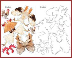 the cut out paper is showing different types of chickens and roosters, including one with wings