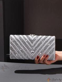 Bird in Bag - Rhinestone and Faux Pearl Decorated Evening Clutch Bag Elegant Evening Bags With Rhinestone Rivets, Elegant Party Bags With Rhinestone Rivets, Rectangular Party Bag With Rhinestone Rivets, Minimalist Bag, Chain Pattern, Print Box, Print Style, Evening Clutch Bag, Box Bag