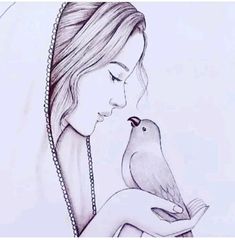 a drawing of a woman holding a bird