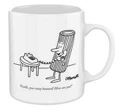 a coffee mug with a cartoon character sitting on a chair talking to a cat that is holding a telephone