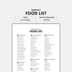 the emergency food list is shown in black and white