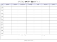 a printable weekly study schedule for students to do their work on the school's calendar