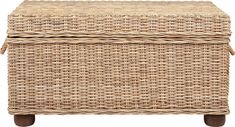 an empty wicker box with wooden legs