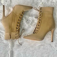 These Shoes Are New But Never Worn. I Loved Them When I Bought Them But Pointy Toe Shoes Aren’t My Friend! Beige High Heel Lace-up Boots, Trendy Cream High Heel Booties, Trendy Beige Pointed Toe Booties, Trendy Beige High Heel Booties, Pointy Toe Shoes, Tan Heels, Toe Shoes, Heels Shoes, Cute Shoes