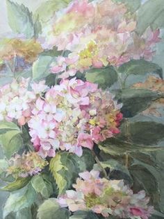 a painting of pink and white flowers in a vase